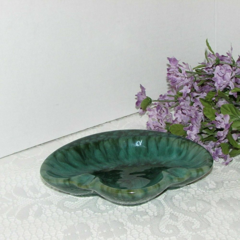 MID-CENTURY ART POTTERY Ashtray Blue Green Drip Glaze - Picture 5 of 8